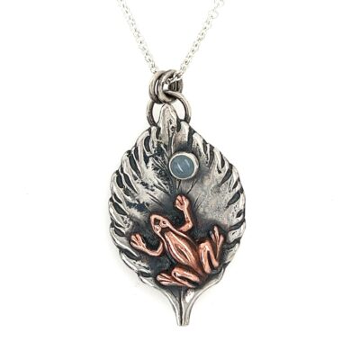Argentium Sterling Silver Frog Necklace with Aquamarine stone