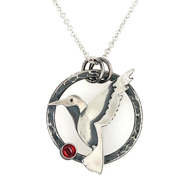 Argentium Sterling Silver Hummingbird Necklace with Garnet Stone