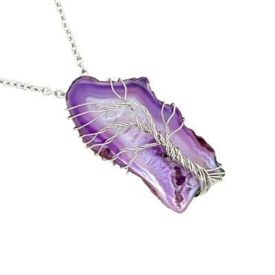 Wire Wrapped Stainless Steel Purple Geode Tree of Life Necklace