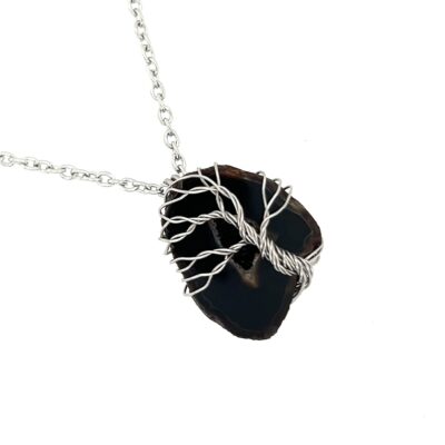 Wire Wrapped Stainless Steel Black Geode Tree of Life Necklace