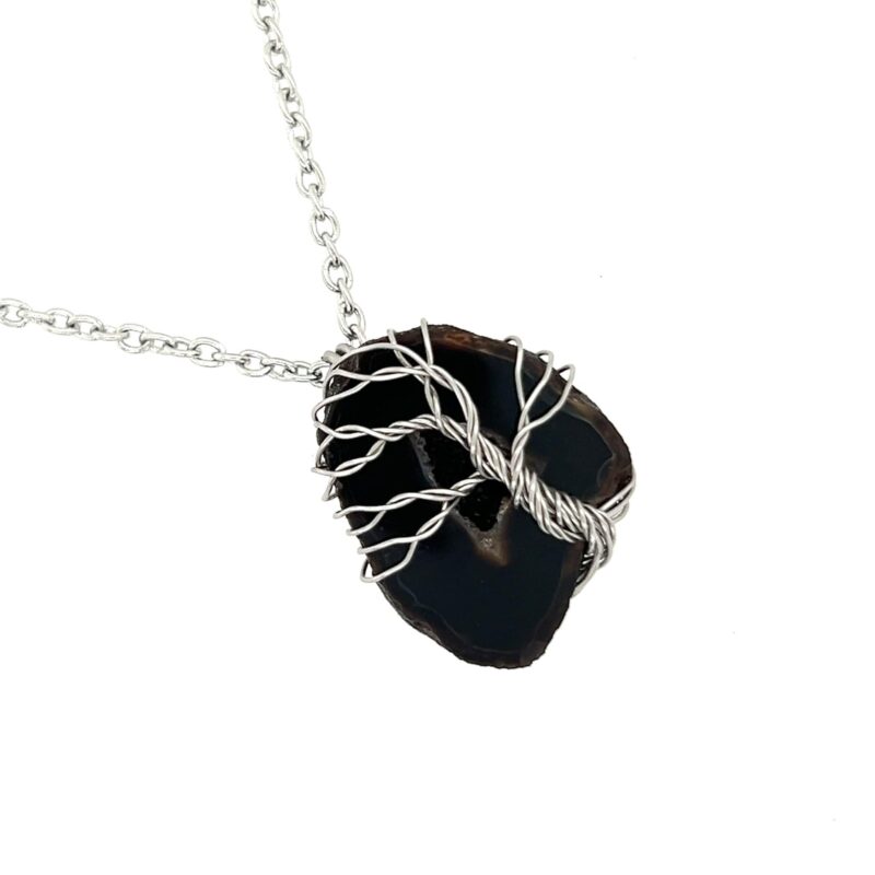 Wire Wrapped Stainless Steel Black Geode Tree of Life Necklace