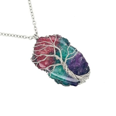 Wire Wrapped Stainless Steel Rainbow Quartz Tree of Life Necklace