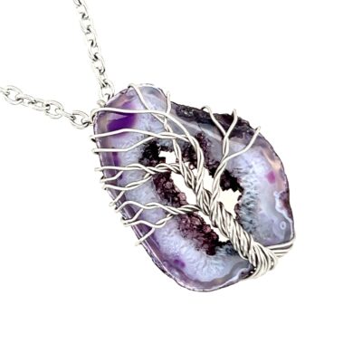 Wire Wrapped Stainless Steel Purple Geode Tree of Life Necklace