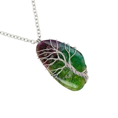 Wire Wrapped Stainless Steel Green Rainbow Quartz Tree of Life Necklace