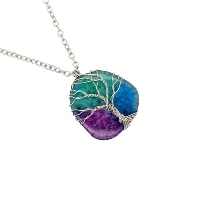 Wire Wrapped Stainless Steel Rainbow Quartz Tree of Life Necklace
