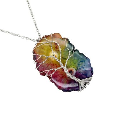 Wire Wrapped Stainless Steel Rainbow Quartz Tree of Life Necklace