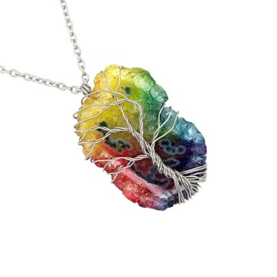 Wire Wrapped Stainless Steel Rainbow Quartz Tree of Life Necklace