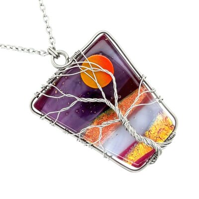 Stainless Steel Sun Set Fused Glass Tree of Life Necklace
