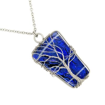 Blue Fused Glass Stainless Steel Wire Tree of Life Necklace