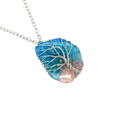 Wire Wrap Stainless Steel Blue Rainbow Quartz Tree of Life Necklace
