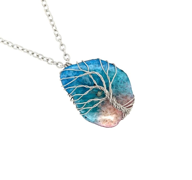 Wire Wrap Stainless Steel Blue Rainbow Quartz Tree of Life Necklace