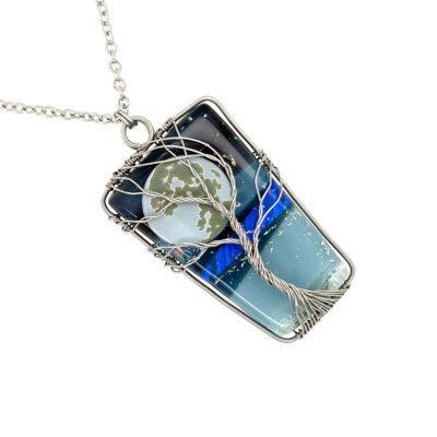 Full Moon Fused Glass Stainless Steel Wire Tree of Life Necklace