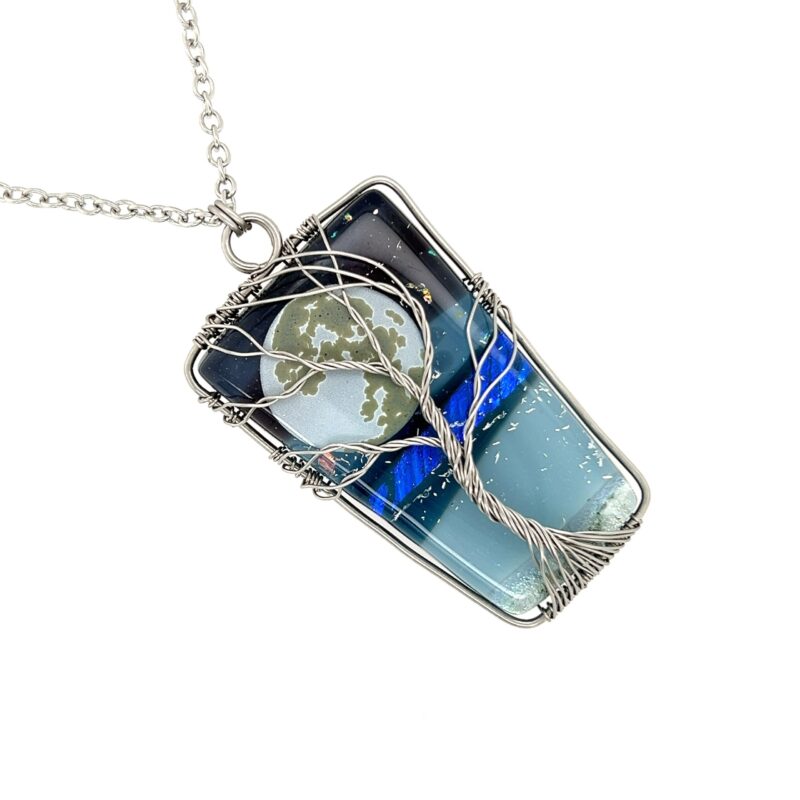 Full Moon Fused Glass Stainless Steel Wire Tree of Life Necklace